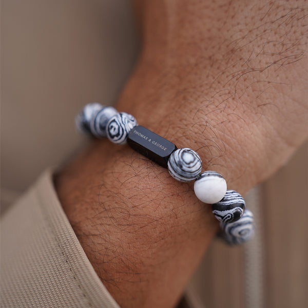 Thomas & George Men's 8mm Agate & Tiger Eye Bead Bracelet - Black and White Effect