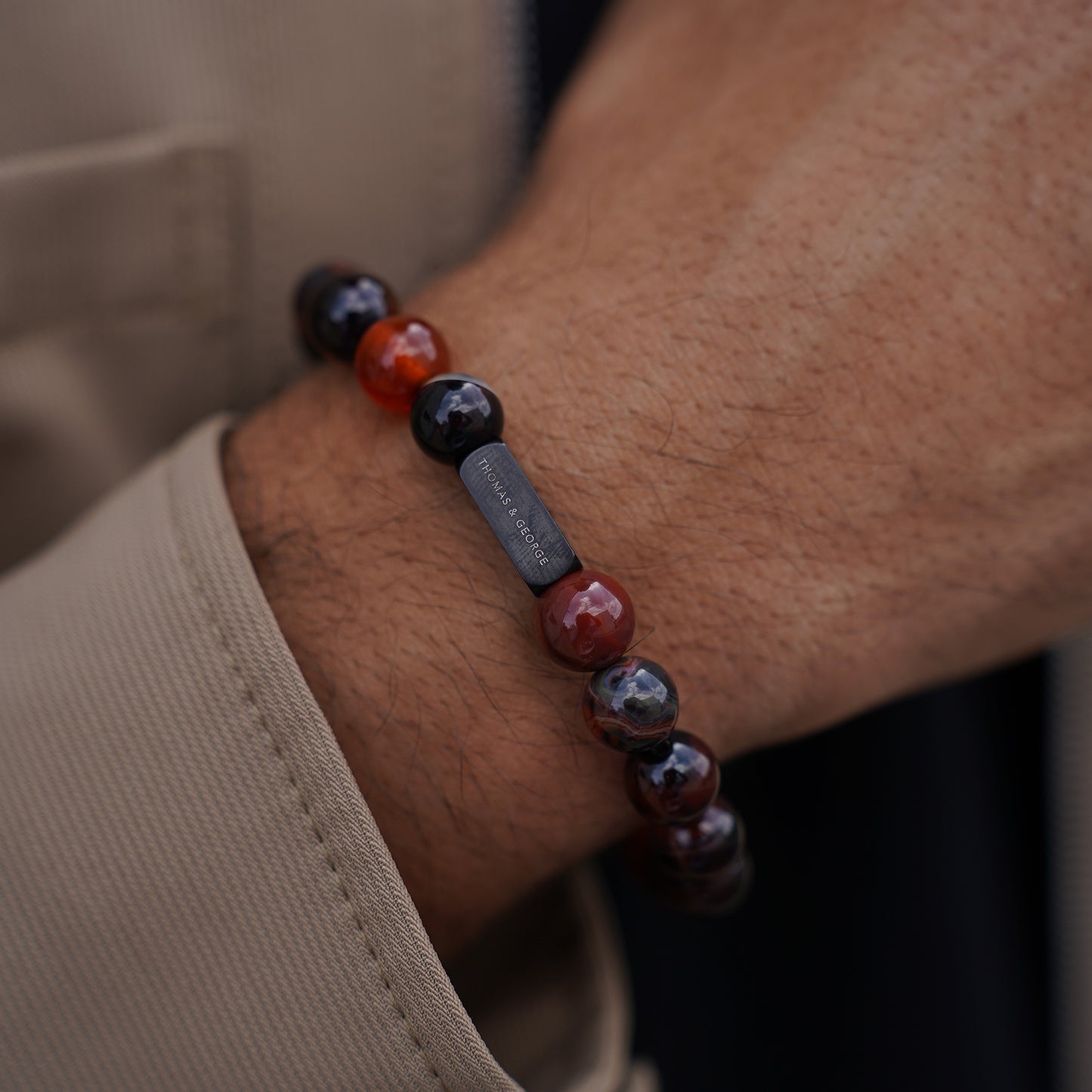 Thomas & George Men's 8mm Agate & Tiger Eye Bead Bracelet - Rich Red