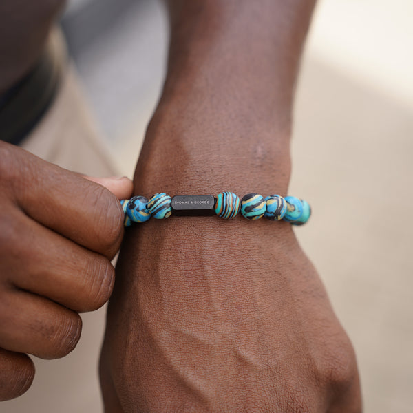 Thomas & George Men's 8mm Agate & Tiger Eye Bead Bracelet - Striking Teal and Turquoise