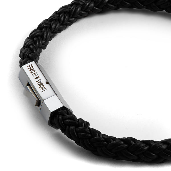 Thomas & George Black Leather Bracelet - Round Braided Bolo
