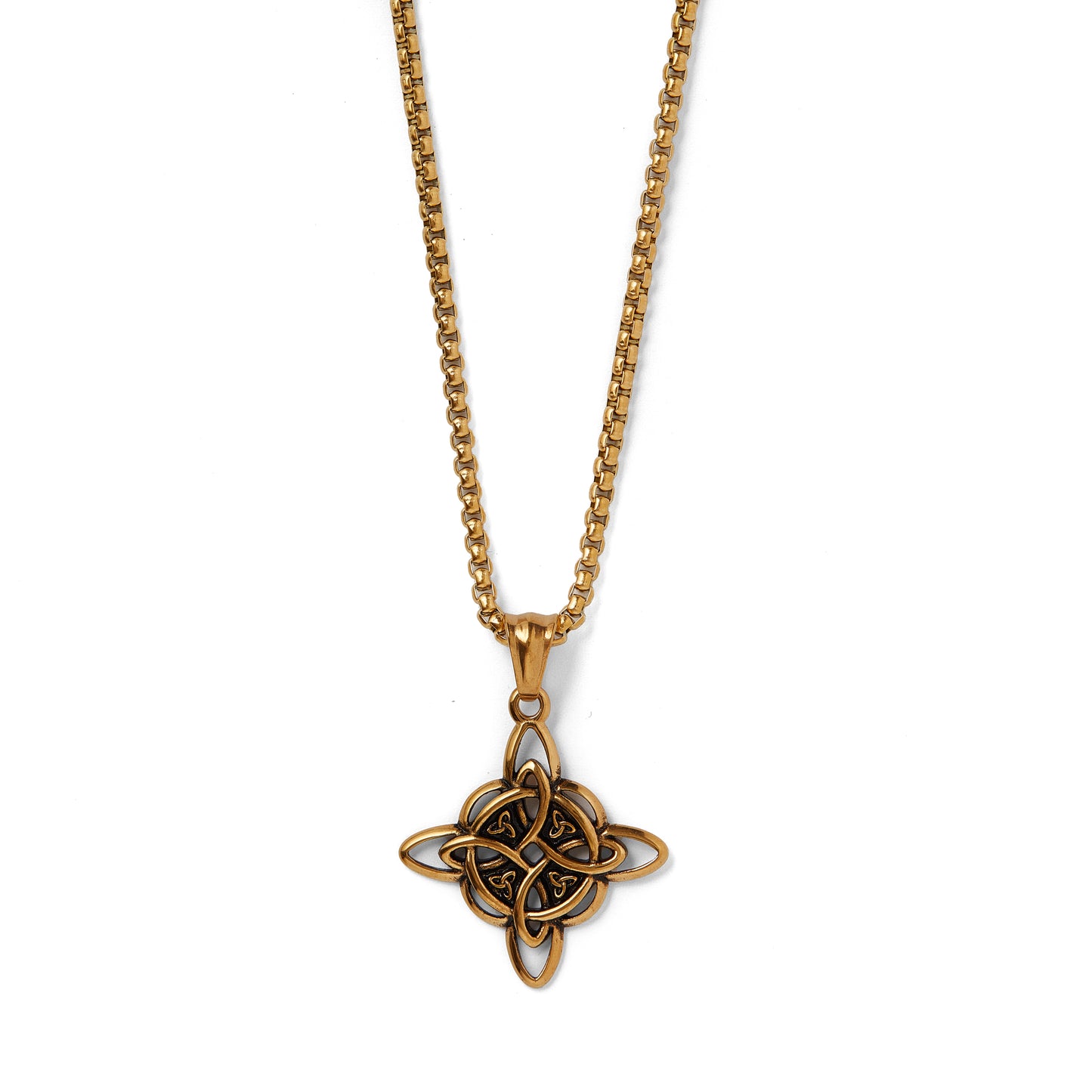 Thomas & George Celtic Four Point Knot Gold Pendant Neckchain – Quaternary Star Medallion