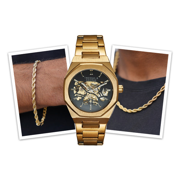 Automatic Skeleton Watch & Gold Rope Bundle