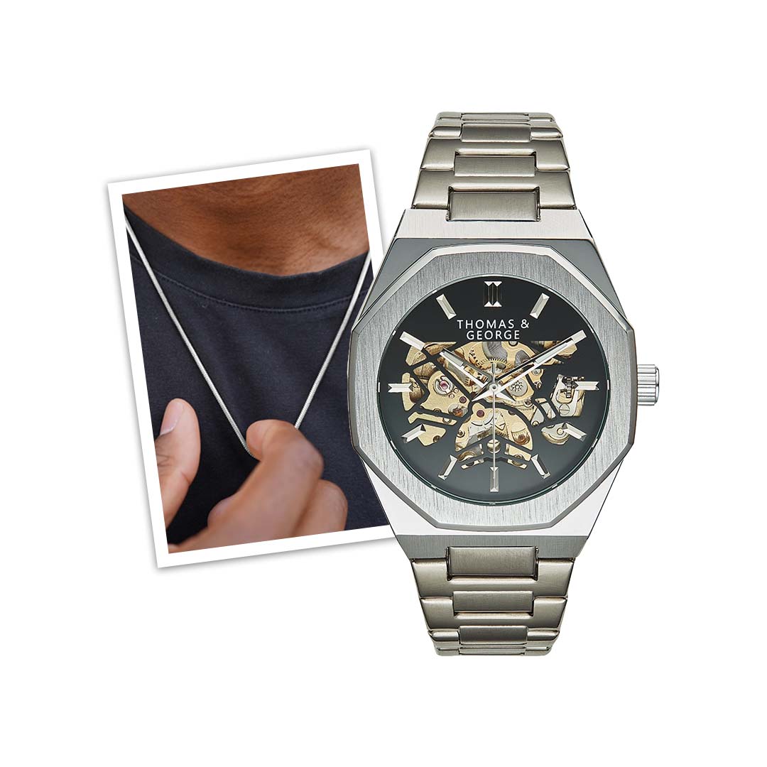 Automatic Skeleton Watch & Silver Snake Chain Bundle