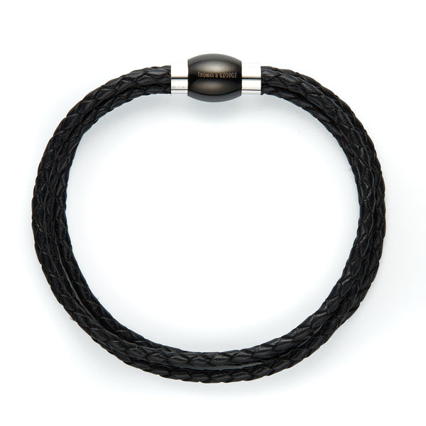 Thomas & George Black Leather 3 PLY Bracelet - Round Braided Bolo