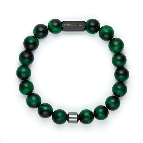 Thomas & George Men's 8mm Agate & Tiger Eye Bead Bracelet - Green Effect