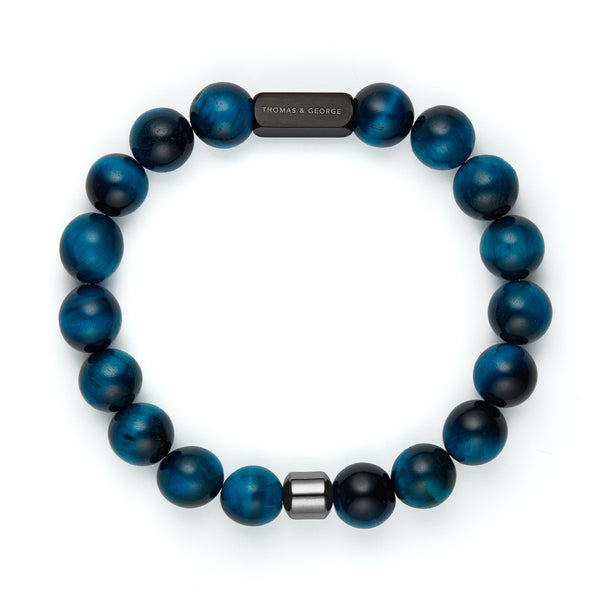 Thomas & George Men's 8mm Agate & Tiger Eye Bead Bracelet - Blue Effect