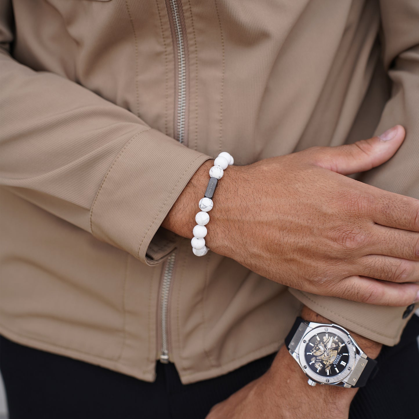 Thomas & George Men's 8mm Agate & Tiger Eye Bead Bracelet - White Effect