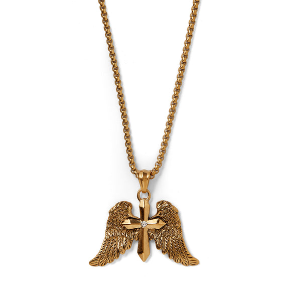 Thomas & George Men’s Winged Cross Pendant Necklace with Angel Wings Neckchain