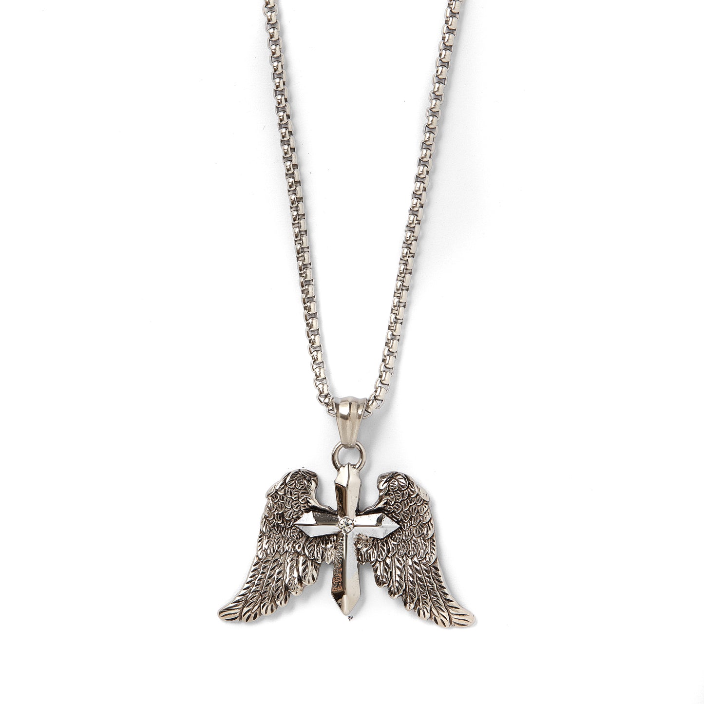 Thomas & George Men’s Winged Cross Pendant Necklace with Angel Wings Neckchain