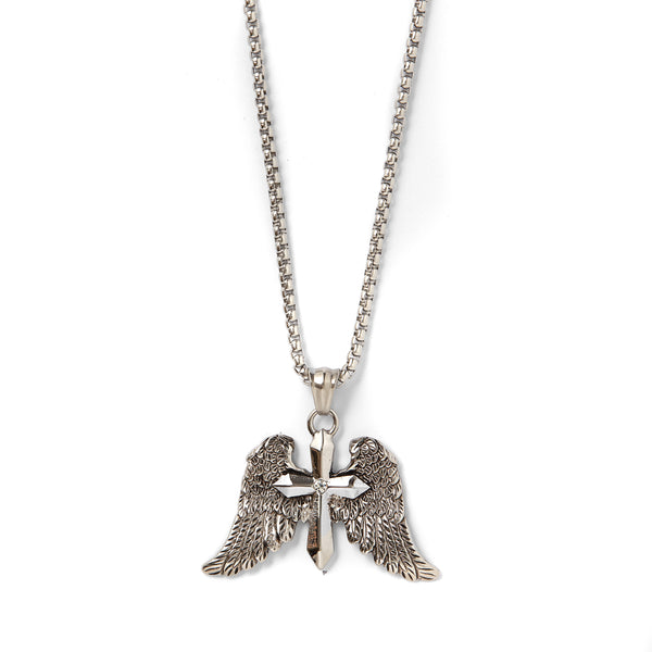 Thomas & George Men’s Winged Cross Pendant Necklace with Angel Wings Neckchain