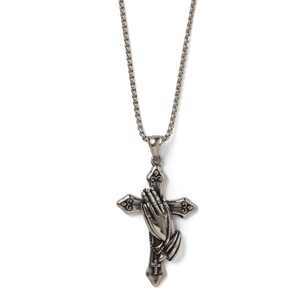 Thomas & George Cross Pendant with Praying Hands Neckchain